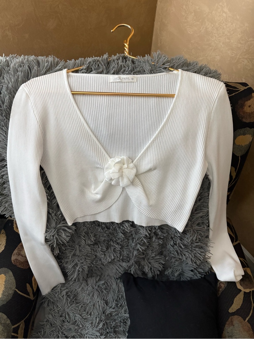 Little Miss White Ribbed V-Neck Cropped Top with Floral Detail